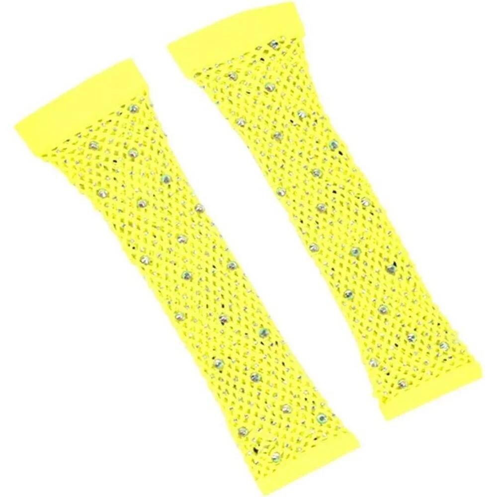 Women's Rhinestones Yellow Fingerless Fishnet Mesh Long Gloves Party Cosplay